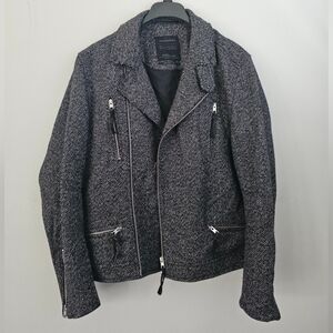Rare! All Saints Black and White Wool Tweed Herringbone Jacket XL Biker